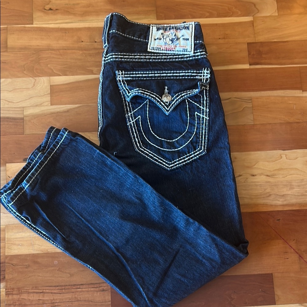 True Religion Men’s Dark Indigo Straight Jeans with White Stitching